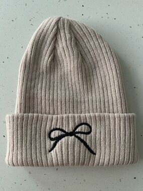 NEW Zenana Ash Mocha Black Bow Embroidered Ribbed Knit Beanie